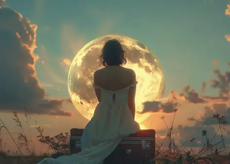 COUPE ENERGETIQUE femme de dos assise sur une valise regardant la lune alors qu'il fait encore presque jour
